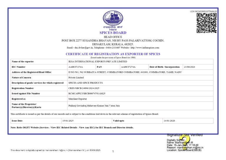 spice board certificate - Iksa Exports